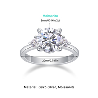 Bague en argent sterling S925 avec moissanite 2 carats, trois pierres rondes taille brillant, six griffes, bijoux pour femme