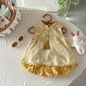 Chinese Style Jacquard Vest Hanfu Set Baby Girls Summer Breathable Shorts Two Piece Outfit - Product Image 5