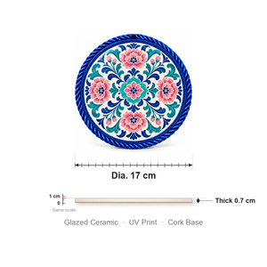 Classic Ceramic <strong>Trivet</strong> 17cm Reusable Heat Resistant Pink Teal Peony Rosette Pattern Glazed UV Print <strong>Cork</strong> Base for Kitchen Table - Product Image 3