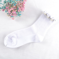 Chaussettes en coton tricoté transparentes, respirantes, antibactériennes, colorées, unies, à volants, pour femmes, avec perle, vente en gros