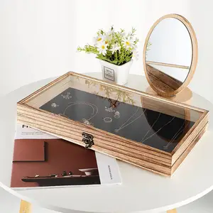 Natural Wood Jewelry Display Case With Glass Top Brass Corners Metal Clasp Storage Box-Accessory Tray With Love Theme