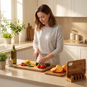 Lot de 3 planches à découper en bambou naturel avec rainure pour jus et poignées latérales, idéales pour la viande, le fromage et les fruits - Product Image 5