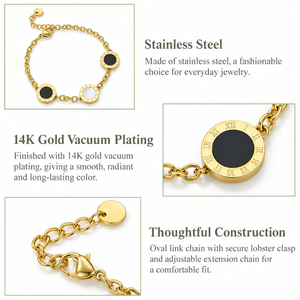 Women's Stainless Steel <b>Acrylic</b> White Shell Bracelet, Gold Tone Link Chain with Roman Numeral <b>Disc</b> Charms, Adjustable 17+3 cm - Product Image 3