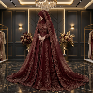 Robe de mariée en organza bordeaux, style lehenga choli, avec des pierres et des broderies Zari, imprimé floral, avec voile pour la mariée - Product Image 3
