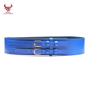 Fashion Plus Size Wide Blue Leather Women's Fashion Elastic Belts Square Frame Buckle Waist Leather Belt