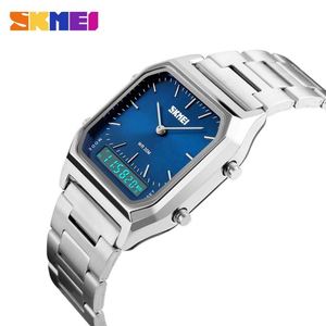 Skmei 1220S Cổ Điển Đặc Biệt Unisex Thạch Anh Xem Xác Thực Thép Không Gỉ Ban Nhạc Vuông Đôi Hiển Thị Tối Giản Kinh Doanh Đồng Hồ - Product Image 5