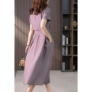 Women's Short Sleeve Cotton Linen Dress Purple O <b>Neck</b> Loose Fit Wrap <b>Tie</b> Casual Daily Wear - Product Image 4