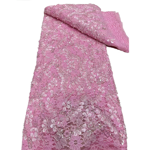 NI.AI gelin elbise şerit pullu 3D çiçek dantel kumaş inci Net dantel düğün elbisesi pembe dantel kumaş - Product Image 1