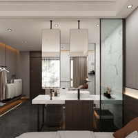 Meuble-lavabo double mural en bois de noyer foncé avec vasques à poser, miroir LED à cadre doré, robinets chromés, style moderne