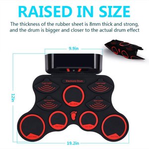 Kit de batterie électronique 9 pads, pliable, en silicone, rechargeable par USB, rouge et noir, ensemble de percussion pour enfants - Product Image 5