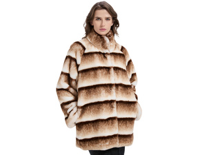 <b>Women's</b> Stand Collar Striped Faux Mink Fur Mid Length <b>Coat</b> Loose Oversized Winter Warm Plush Fur Jacket with Side Pockets - Product Image 1