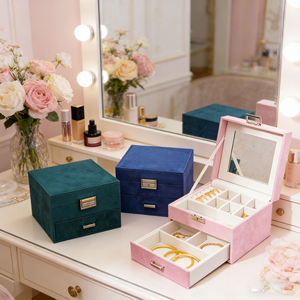 Fabrikneues Design Samt-Schmuckkästchen mit 2 Ebenen, Schmuck-Organizer, Etui für Ohrringe, Halsketten, Schmuckaufbewahrungsboxen mit Spiegel - Product Image 2