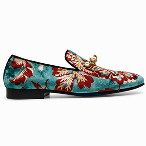 Teal Blue Floral Velvet Loafers for Men Slip On <b>Dress</b> Shoes Round Toe Gold Buckle Hand Embroidery Wedding Party Office Moccasins - Product Image 1