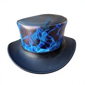 Chapeau de cowboy en cuir bleu flamme, style tophat formel, style rock, fait main, imprimé graphique, bord cousu, unisexe, pour fêtes, toutes saisons - Product Image 3