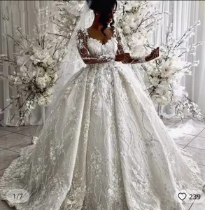 2024 elegant new luxury handmade 3d flower wedding dress with long sleeve princess prom dress bridal gown