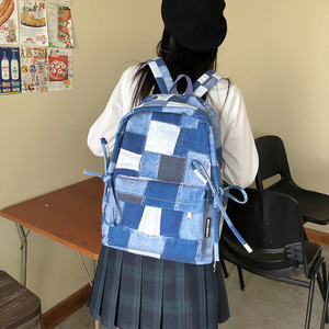 Denim <b>Backpack</b> For Female <b>Students</b> School Education Checkered Pattern Shoulder Strap Interior Zipper Pocket Summer 2024 - Product Image 1