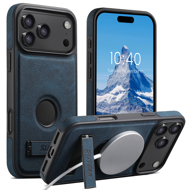 SUTENI for iPhone 18 Pro Max Phone Case Stand Magnet Wireless Charging Frosted Feel Luxury Faux Leather 17 16 Plus 15 14 13 12
