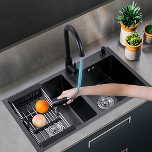 Évier de cuisine double fait main en acier inoxydable noir, moderne, carré, Aquacubic Cupc, avec robinet en laiton brossé doré de 8 pouces - Product Image 3