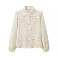 Ensemble 2 pièces pour femmes, haut à manches longues à col rabattu beige, boutonné, jupe à taille élastique avec broderie à œillets, style décontracté et tendance