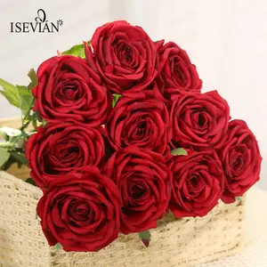 ISEVIAN Bunga Buatan Sentuhan Asli, Bunga Mawar Buatan untuk Dekorasi Rumah Buket Mawar Merah Pernikahan