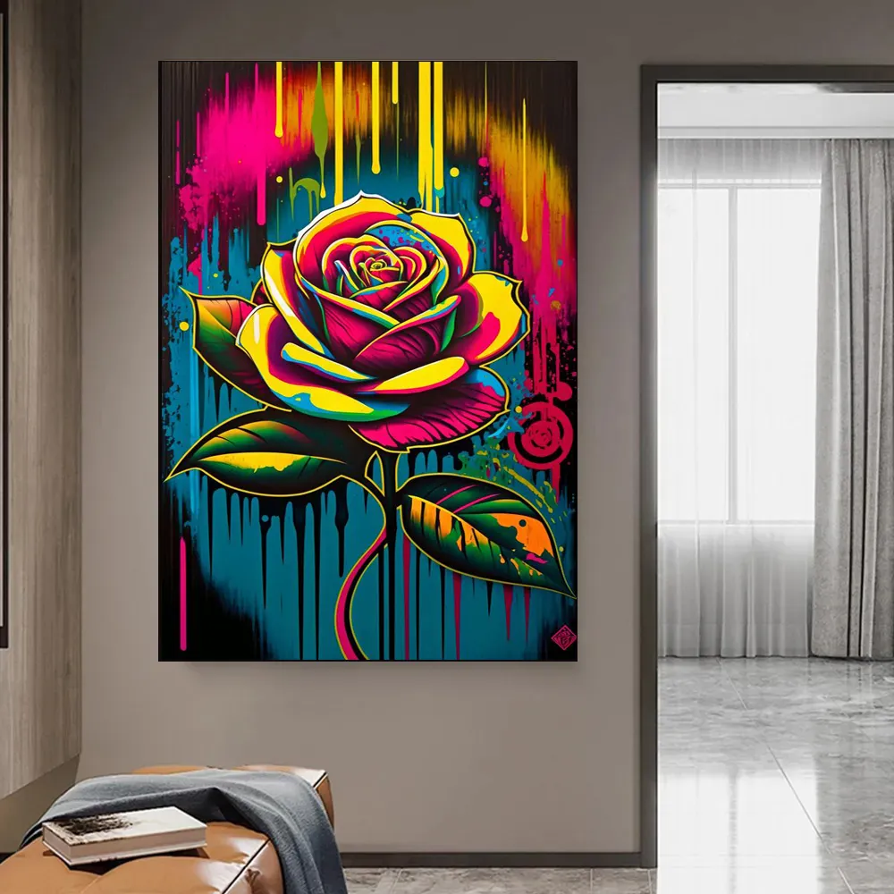 Graffiti Art Rose Flower Canvas Painting Wall Art Print Posters Wall Pictures for Living Room Home Cuadros Decor Street Pop Art