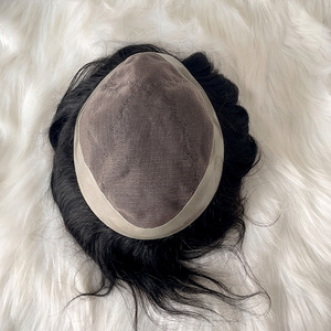 Toupee <span class=keywords><strong>Uomo</strong></span> Australiano in Capelli Veri con Base in Pizzo e PU, Onda Naturale 28mm, Colore 1B, Sistema di Sostituzione Capelli con Base a Rete Monofilamento - Product Image 2