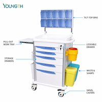 Chariot médical d'urgence YOUNGTH, chariot d'hôpital à 5 tiroirs en ABS avec tiroir verrouillable et 10 bacs inclinables