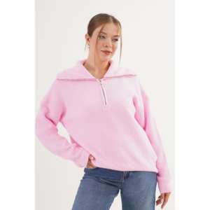 Pull en maille Thessaloniki rose à col zippé pour femme, manches longues, décontracté, anti-boulochage, 16 Gg, couleur corne - Product Image 2