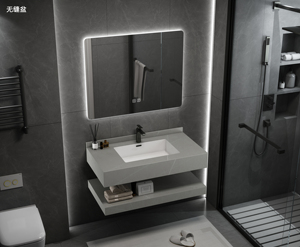Vanidades de baño con espejo LED moderno Vanidad de fregadero flotante con lavabo de pizarra Gabinete de lavabo de montaje en pared Piedra sinterizada de mármol - Product Image 1
