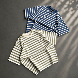 <b>Striped</b> Print Designer Casual Wear Short Sleeve Custom High Quality <b>T</b>-<b>Shirts</b> <b>Men</b> 100% Cotton 300gsm Cropped Boxy <b>T</b> <b>Shirt</b> For <b>Men</b> - Product Image 2