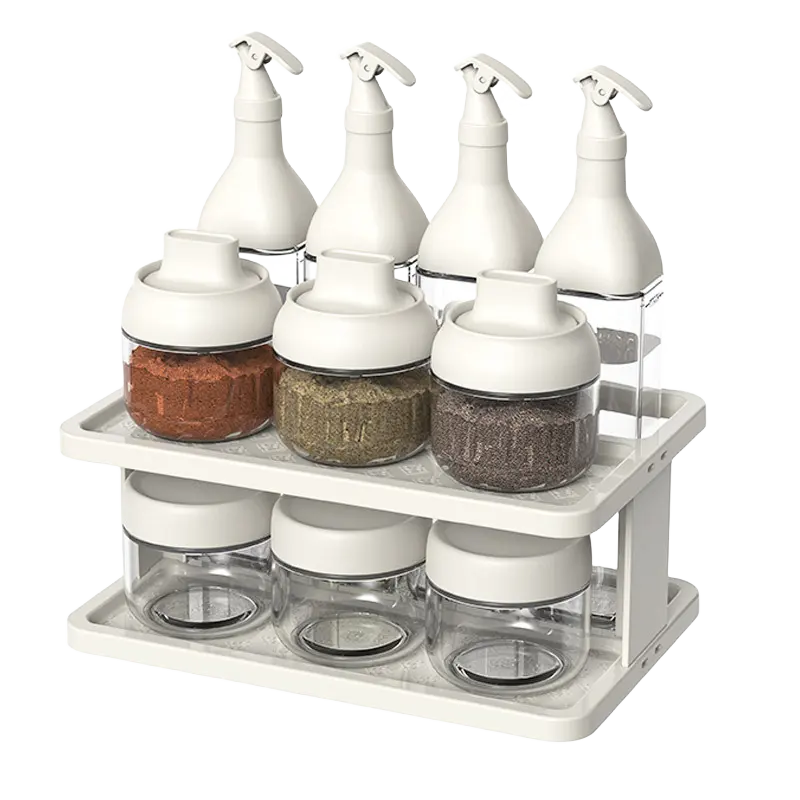 Wadah penyimpanan makanan dapur kaca plastik, Set toples bumbu dengan rak stoples bumbu dengan tutup dan sendok botol Dispenser minyak