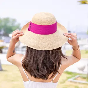 K 일본식 여름 레이디 고급 손 크로 셰 뜨개질 라피아 짚 큰 챙 나비 버킷 모자 비치 모자