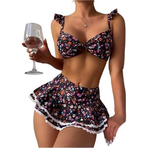 FOXA Women's 2 Piece Ruffle Bikini Floral <b>Tummy</b> <b>Control</b> Skort Swimsuit Bathing Suit Beachwear - Product Image 1