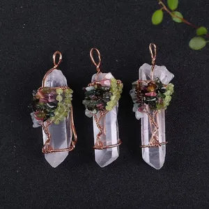 Handmade Wisdom Crystal Gravel Life Tree with Clear Quartz Point Pendant for Necklaces