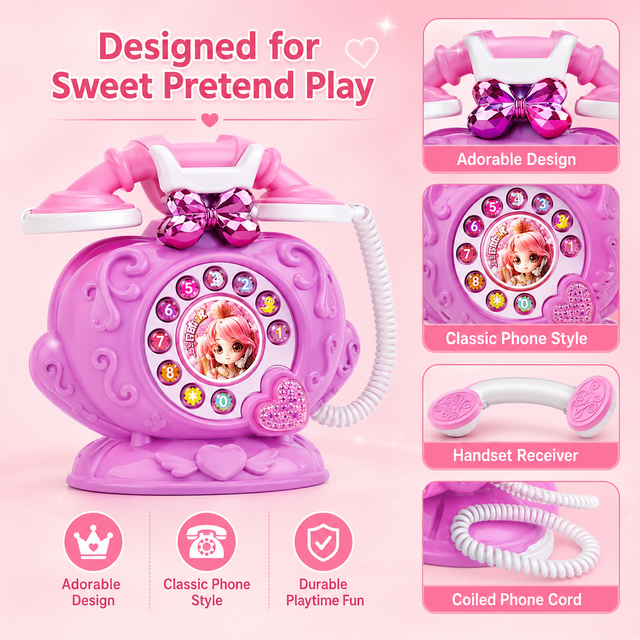 Plastic Princess Phone Toy for Kids Pretend Play Telephone with Lights and Sounds Interactive Role Play Gift for Girls