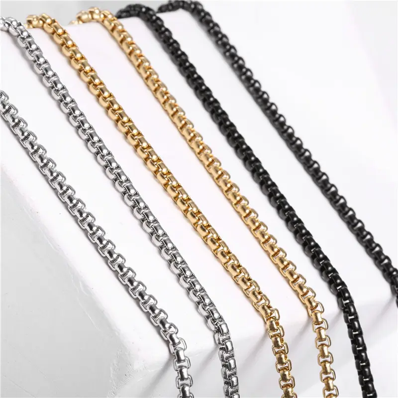 New Arrivals 3mm 20 28 Inch Silver Black Gold 316l Titanium Steel Necklace Mens Stainless Steel Round Box Chain Necklace