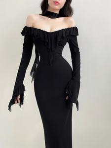 Robe moulante mince noire de printemps décontractée pour femmes avec conception à épaules dénudées à manches longues à volants Style <span class=keywords><strong>mature</strong></span> Aura dominatrice - Product Image 5