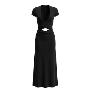 Vestido Casual Elegante para Mujer Viviblook C26DS262, Color Sólido, Manga Corta, Escote en V Profundo, Corte Ajustado, Estilo Maxi - Product Image 4