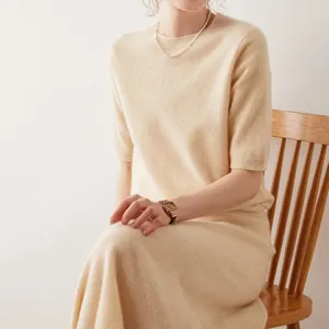 モンゴルクルーネック半袖ニット卸売カシミアメリノウールセーター女性