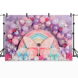 Fondo de fotografía recién nacido globo púrpura mariposa Arco Iris niña cumpleaños fiesta decoración pastel Smash telón de fondo sesión fotográfica - Product Image 2