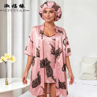 Robe kimono en satin à imprimé léopard P673 avec chemise de nuit et bonnet de nuit, ensemble de 3 pièces pour femmes