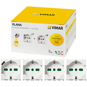 Vimar Plana Universal <b>Socket</b> Kit 3 P40 + 1 With <b>USB</b> <b>C</b> 3A Type <b>C</b> - Product Image 1