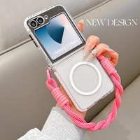 Funda de Lujo para Samsung Z Flip 8, Doble Color, Marco de PC TPU TPE, Carga Magnética, Parte Trasera Transparente, Correa de Muñeca