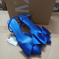 Nouvelles Sandales d'été pour femmes, légères, à bout pointu, en satin bleu texturé, décorées d'un nœud, à talon aiguille, style mule, mode et sexy