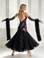 Robe de danse de salon vintage pour femme, imprimée, en maille, dos nu, col en V, pour entraînement et performance de valse