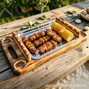 Plateau de barbecue rétro en bois 56x30x8 cm avec support pour brochettes pour pique-nique en plein air et utilisation à la maison - Product Image 4