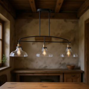โคมไฟระย้าอุตสาหกรรม 3 ดวง ขนาด 45 นิ้ว โครงเหล็กสีดำ โคมแก้วใส ปรับความสูงได้ สไตล์โมเดิร์นฟาร์มเฮาส์ - Product Image 2