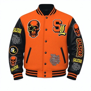 Veste universitaire personnalisée pour homme, veste bomber de baseball noire et orange avec broderie de crâne | Fabricant en gros OEM/ODM - Product Image 1