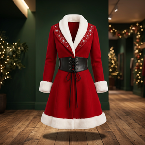 MAKTRA Robe Manteau Rouge de Noël pour Femme avec Bordure en Fausse Fourrure, Dentelle Strassée, Taille Corset, Imperméable, pour Fêtes de Noël et d'Hiver, Vente en Gros - Product Image 1