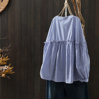 Chemise en coton rayée bleue pour femme, à manches longues, nouveau style printemps, avec bordure ondulée, coupe ample amincissante, chemise de base